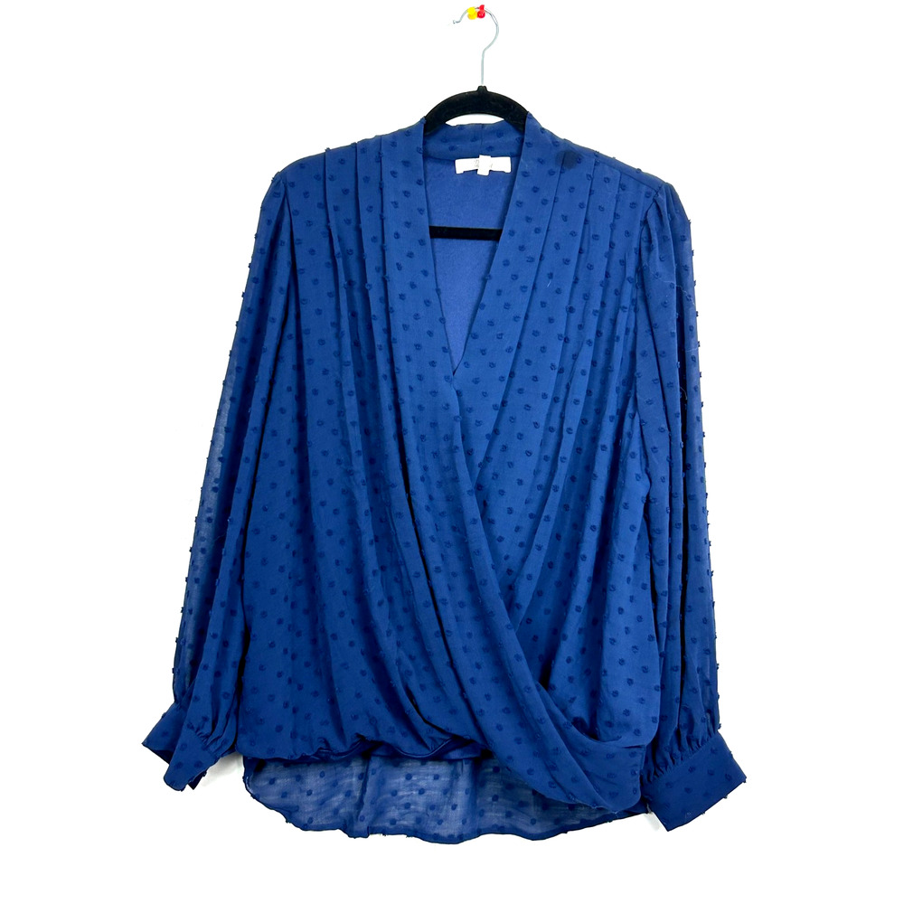 Beacon Apparel Blouse Womens 1X Navy Blue Swiss‎ Dot Faux Wrap Long Sleeve